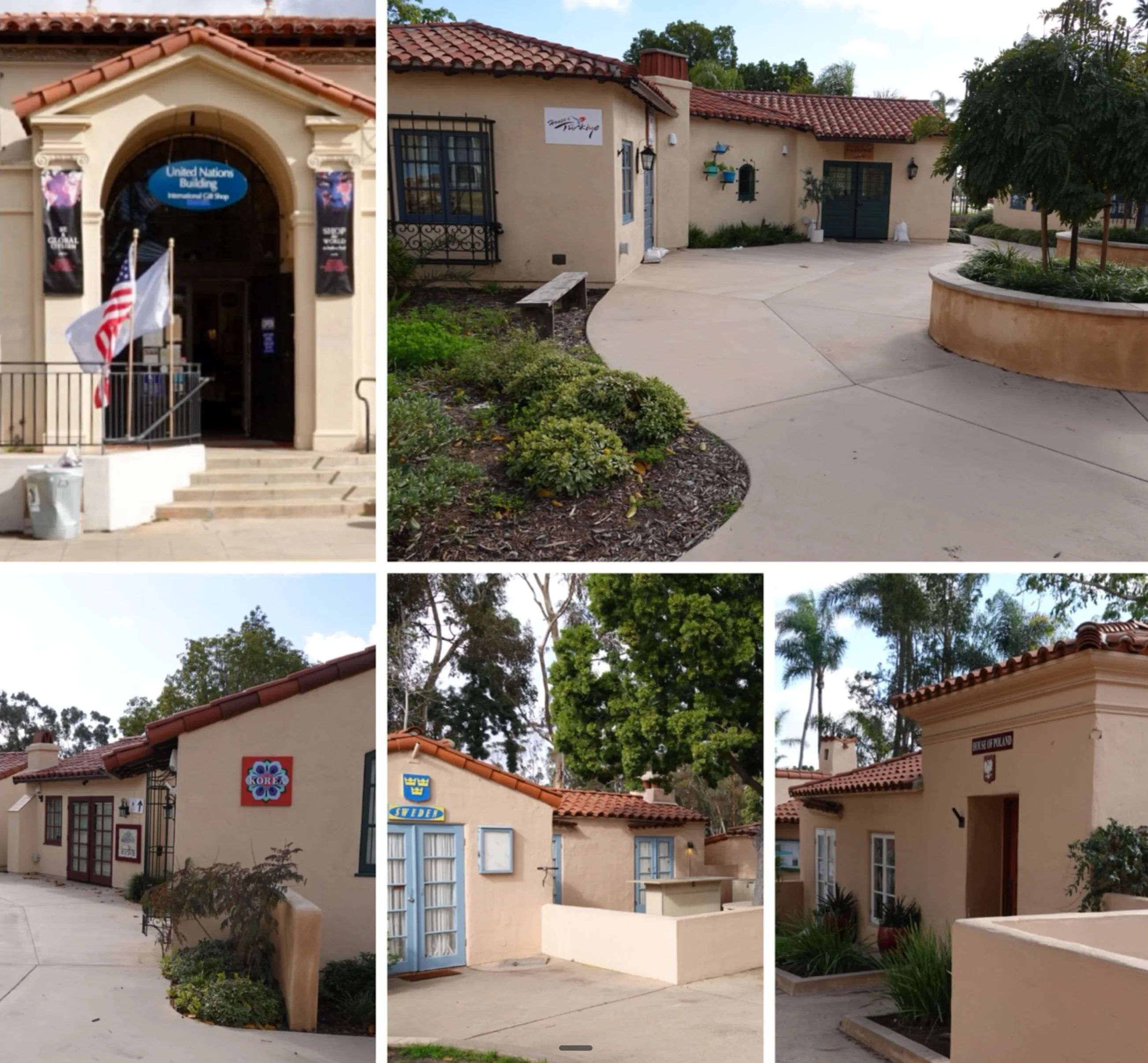 The Spanish-Colonial cottages of the House of Pacific Relations in Balboa Park — cream stucco walls, red clay-tile roofs, and a national emblem by each door.