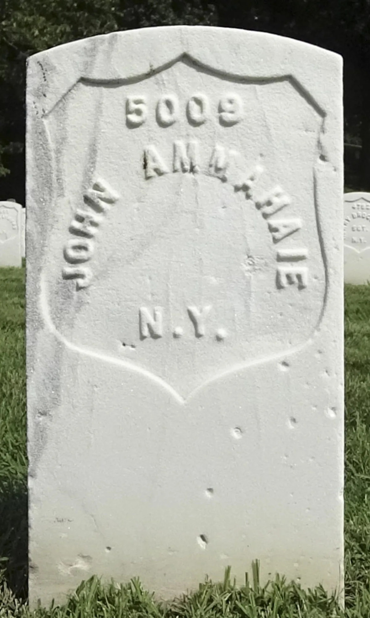 A white military headstone reading John Ammahaie, 5009, N.Y.