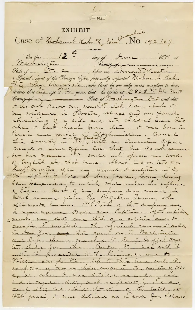 1881 pension exhibit page from the file of Private Mohammed Kahn, in which he states he was born in Persia and raised in Afghanistan