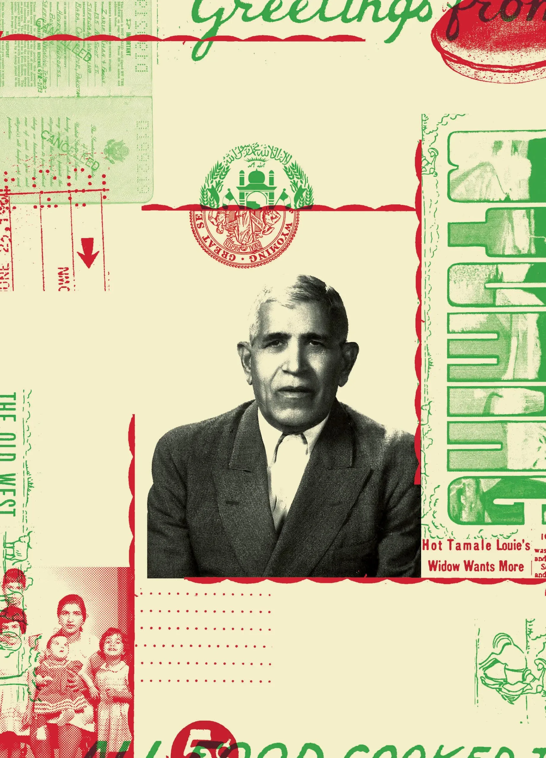 Collage portrait of Zarif Khan, known as Hot Tamale Louie, set against Wyoming postcard and passport imagery